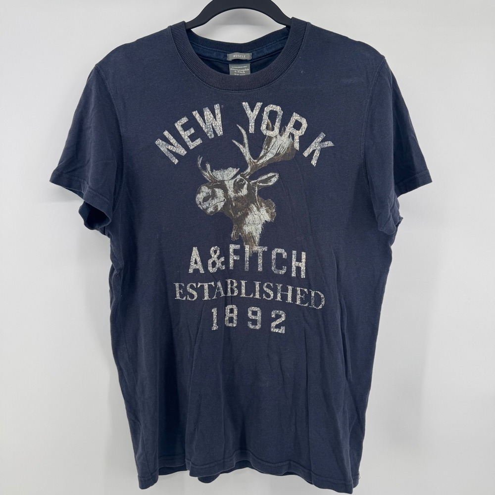 Vintage Y2K Abercrombie & Fitch Moose Logo T Shirt Mens Medium Navy Muscle Fit